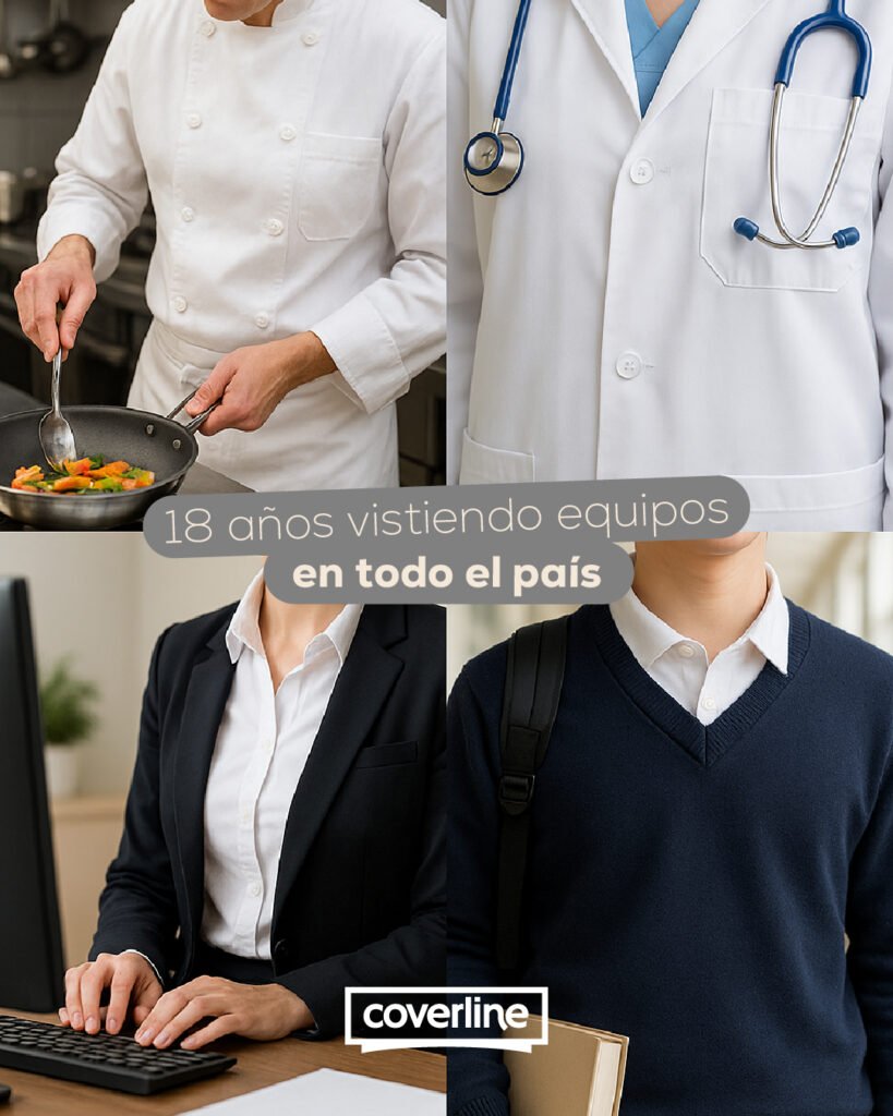 Confección de prendas en máquina de coser y ejemplos de uniformes de trabajo.